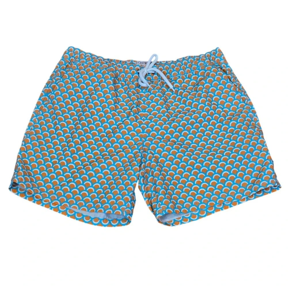 J Crew Flex Swim Trunks Men's M Blue Orange Geometric Print Mesh Lined Shorts